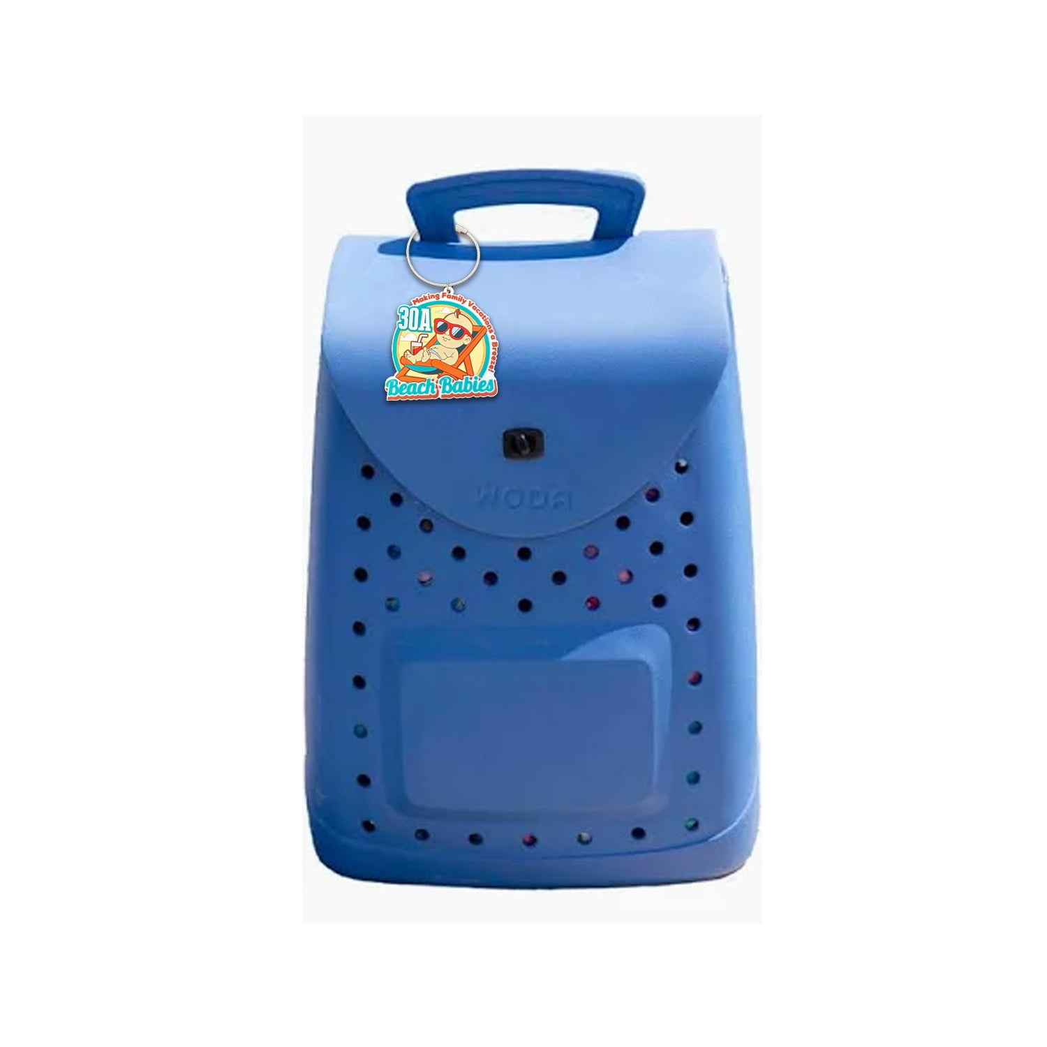 Blue beach backpack with insulated compartments, perfect for family outings and beach days along 30A.