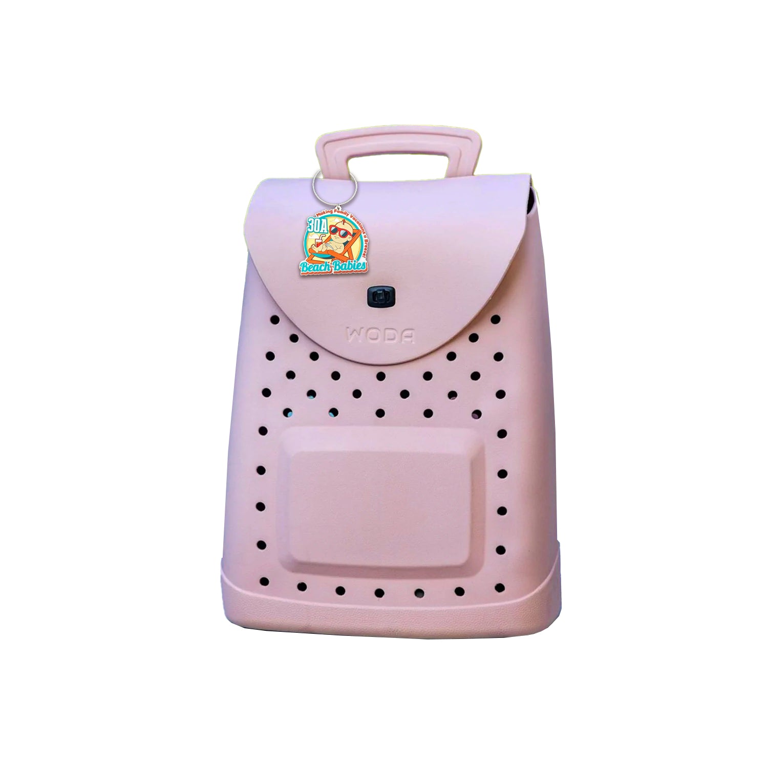 Blush pink beach backpack with insulated compartments, perfect for family outings and beach days along 30A.